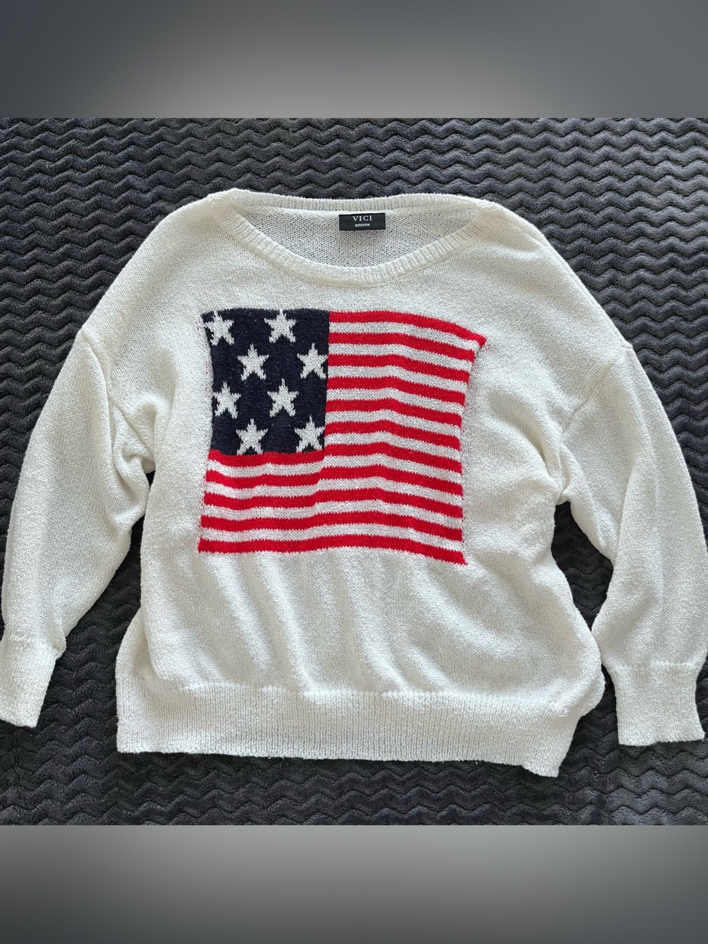 VICI White Crewneck Sweater with Red & Blue Flag Motif